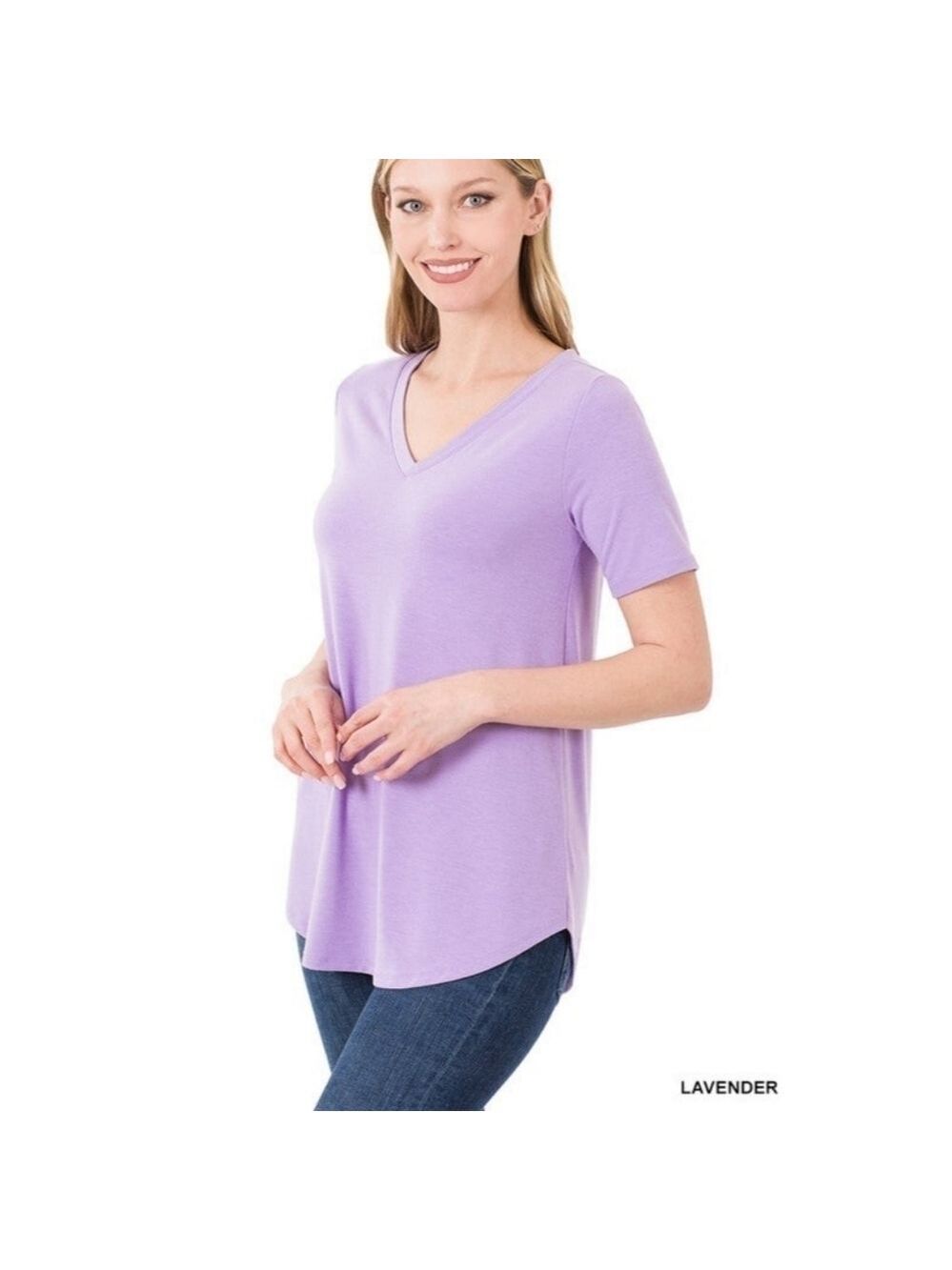 ZENANA Lavender color Short Sleeve V Neck Top Size Medium NWT